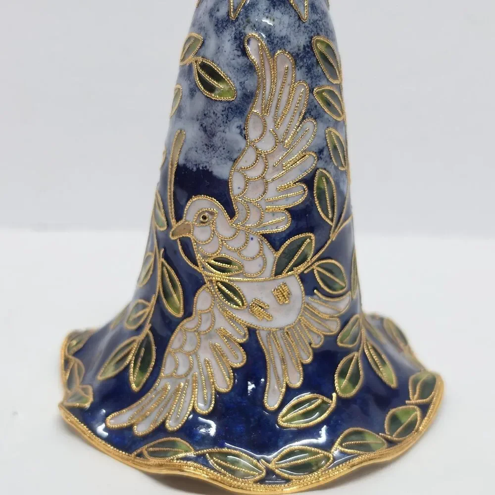 Vintage Cloisonne Large Blue Bell White Dove Of Peace Ornament Traditional Asian